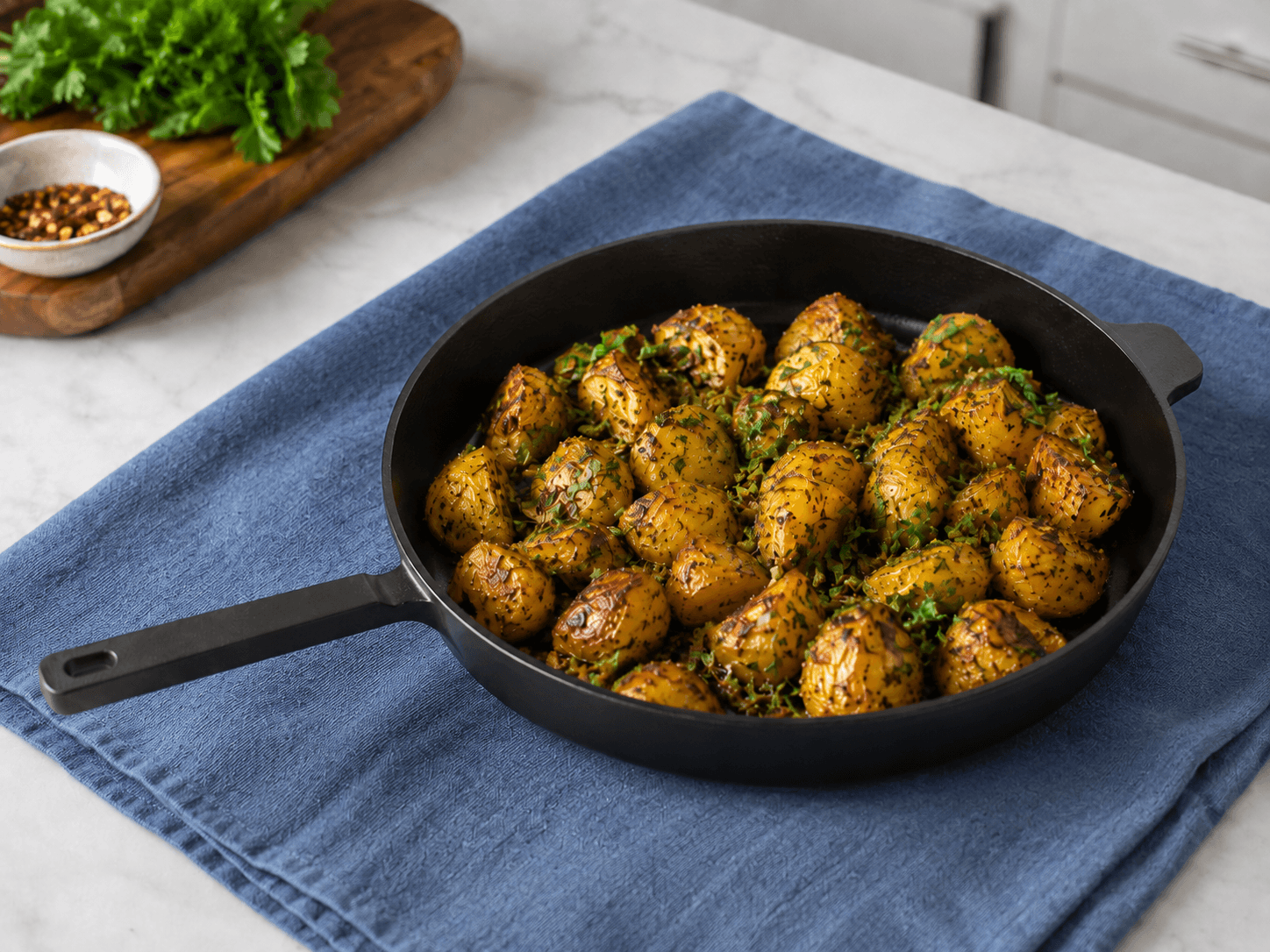 Matte black self-handled skillet